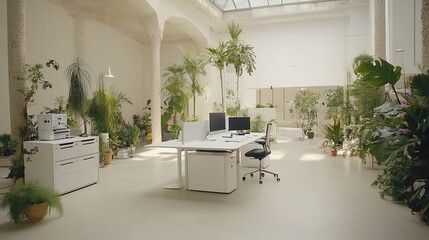 Wall Mural - Modern Office Workspace Abundant Greenery Minimalist Design