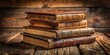 © Vibrant Visions Pixe - A Stack of Antique Books with Aged Leather Bindings Rests on a Rustic Wooden Surface