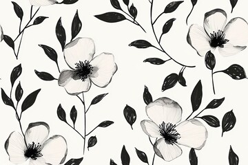 Wall Mural - Flowers hand drawn seamless pattern. ink brush texture.