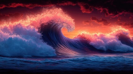 Wall Mural - Majestic ocean waves crashing under a vibrant sunset sky, creating a serene coastal atmosphere