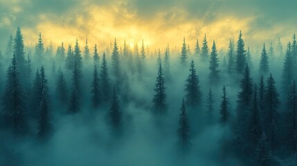 Wall Mural - Misty forest landscape at dawn with towering evergreen trees, soft light breaking through clouds