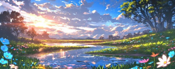 Wall Mural - A serene landscape featuring a river, lush greenery, colorful flowers, and a vibrant sunset sky with scattered clouds.