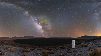 Wall Mural - A man stands in the middle of a desert at night, looking up at the stars