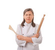 © New Africa - Angry chef with rolling pin and spatula on white background