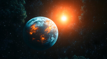 Wall Mural - Celestial Inferno: A breathtaking cosmic scene showcasing a vibrant celestial body in its fiery dance, with a brilliant star casting its light upon the deep, star-studded expanse.
