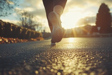 runner's feet, sunset park path, autumnal background, fitness