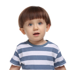 Wall Mural - Portrait of adorable little boy on white background