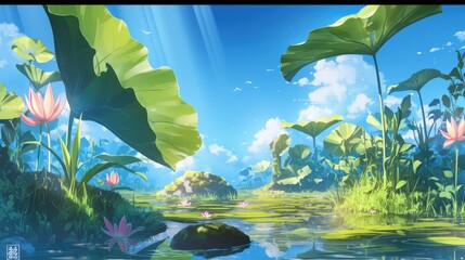 Poster - A serene water scene featuring lush greenery, vibrant lotus flowers, and a bright blue sky with clouds, creating a peaceful and tranquil environment.