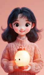 Wall Mural - Girl holds lantern, pink background, 3D render, website