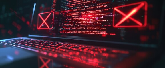 laptop screen displays error codes: red x marks indicate system failure, urgent troubleshooting need