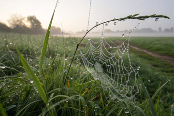 dew drops on a spiderweb in grass.
