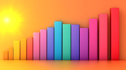 Rainbow Growth: An abstract visualization of a vibrant business bar graph ascending towards success, bathed in the warm glow of a rising sun.