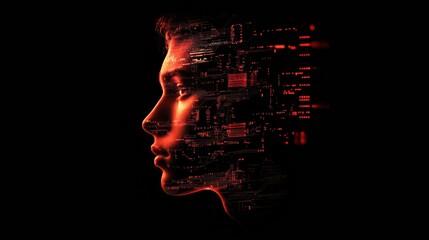 Wall Mural - Human face merges with glowing digital circuits showcasing a futuristic concept of technology and identity. Generative AI