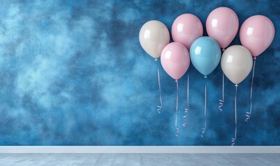 Wall Mural - Colorful balloons in pastel shades floating against a textured blue wall, creating a festive atmosphere