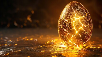 Wall Mural - A glowing, cracked golden egg sits on a surface reflecting light.