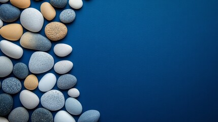 Wall Mural - Assorted smooth beach stones are scattered across a blue background