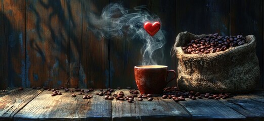 Wall Mural - Steaming coffee cup, heart, beans, rustic wood