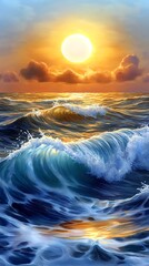 Wall Mural - Golden Sunset Ocean Waves Painting - Painterly