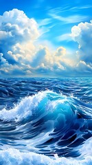 Poster - Ocean Wave, Blue Sea, Sky, Clouds, Nature - Painterly/illustrated s.