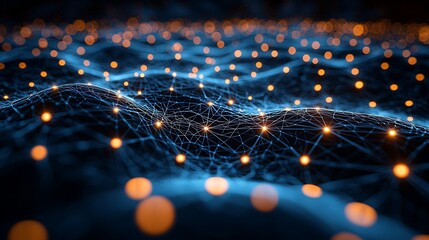 Global network connection, digital landscape, glowing nodes, dark background, tech concept