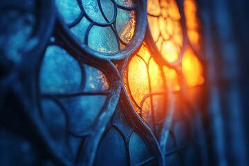 Wall Mural - Close-up view of intricate stained glass window reflecting warm sunlight in a serene setting