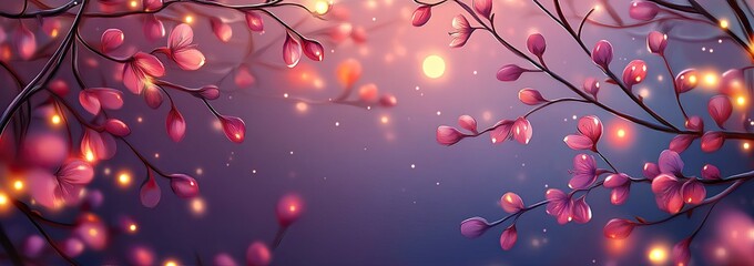 magical twilight blossoms, glowing branches, night background, website banner