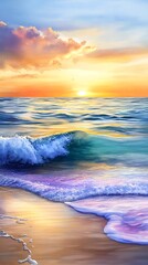 Wall Mural - Serene Sunset Ocean Wave Beach Scene - Pastel colors