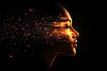 Leinwandbilder - Human face merging with glowing digital circuits represents the fusion of technology and humanity in a dark environment. Generative AI