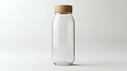 Wall Mural - Ultra-realistic image of a transparent glass water bottle with a wooden lid, isolated on a white background
