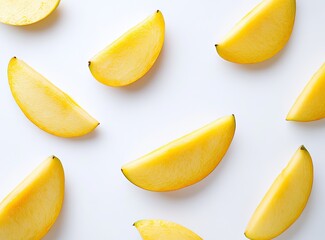 Wall Mural - Yellow mango slices arranged on white background, flatlay food photography for recipe