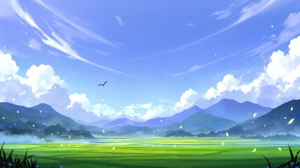 Poster - A serene landscape featuring rolling mountains, a clear blue sky, lush green fields, and a few fluffy clouds.