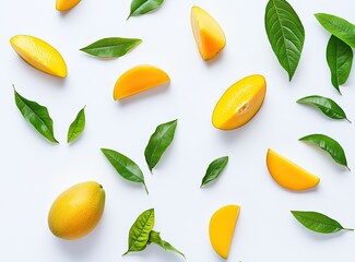 Wall Mural - Ripe mango slices, leaves, white background, flatlay, food blog