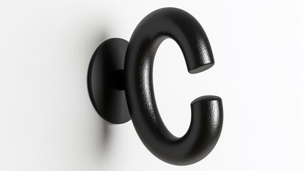 Wall Mural - Photorealistic image of a black metal wall hook with a rounded tip, isolated on a white background
