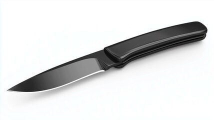 Wall Mural - Ultra-realistic image of a black stainless steel pocket knife with a smooth handle, isolated on a white background
