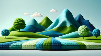 Wall Mural - Knitted landscape, hills, trees, clouds, yarn