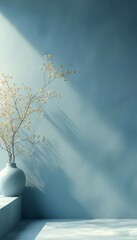 Wall Mural - Blue wall, vase, flowers, sunlight, minimal