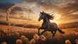 © Keisa - A majestic horse gallops through a field of flowers at sunset, with a whimsical wheel in the background.