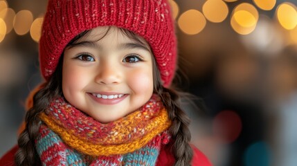 Wall Mural - A young girl wearing a red hat and a scarf is smiling. She has a bright, happy expression on her face