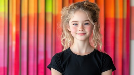 Wall Mural - A young girl with blonde hair and blue eyes is smiling at the camera. She is wearing a black shirt and her hair is in a ponytail