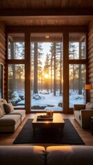 Wall Mural - Sunset cabin living room winter forest view