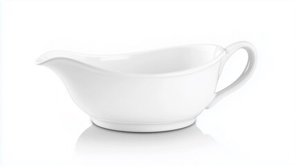 Wall Mural - Photorealistic image of a white ceramic gravy boat with a smooth handle, isolated on a white background
