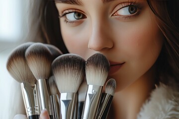 Close up of woman holding makeup brushes in natural light