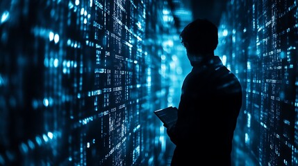 Silhouetted Figure Holding Tablet in a Digital Environment