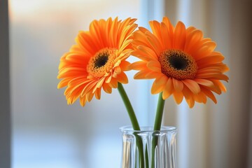 Wall Mural - Bright orange gerbera daisies in a clear vase bring warmth to a serene indoor space