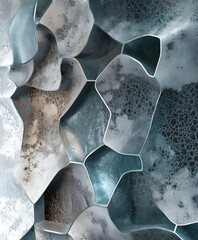Fototapete - A textured surface featuring irregular, organic shapes in shades of blue, gray, and metallic tones, creating a visually intriguing pattern