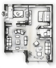 Fototapete - A minimalist floor plan illustration of a contemporary apartment layout featuring distinct living areas, bedrooms, and furniture arrangements