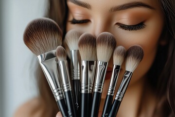 Close up of woman holding makeup brushes in natural light