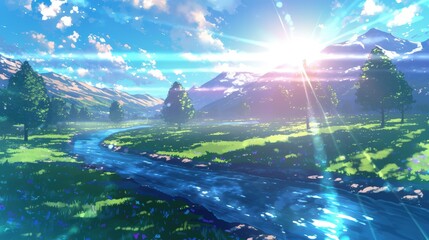 Poster - A serene landscape featuring a river, lush green grass, trees, and mountains under a bright sunlit sky, conveying tranquility and natural beauty.