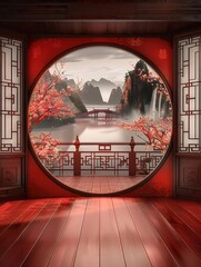 Wall Mural - Red room, circular window, Asian landscape, calm scene, backdrop