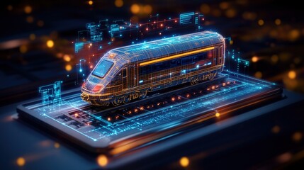 Holographic train blueprint displayed on tablet with cityscape background and digital interfaces view